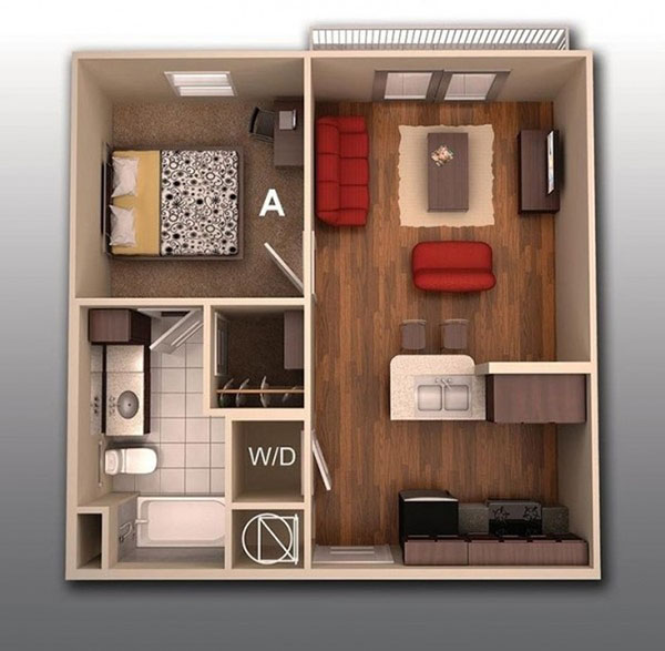 Top 3 mẫu thiết kế căn hộ 1 phòng ngủ 40m2 đẹp và tối ưu