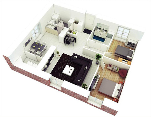 thiết kế căn hộ 50m2 2 phòng ngủ