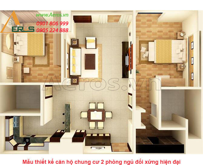 thiết kế căn hộ 80m2 2 phòng ngủ