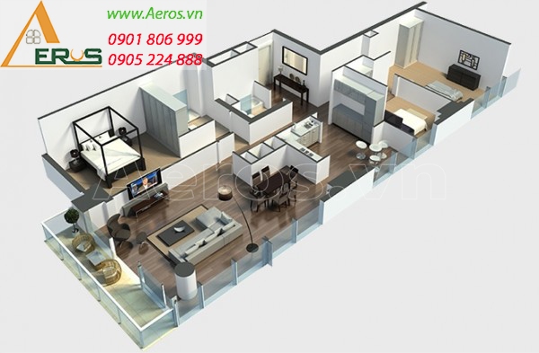 thiết kế căn hộ 90m2 3 phòng ngủ